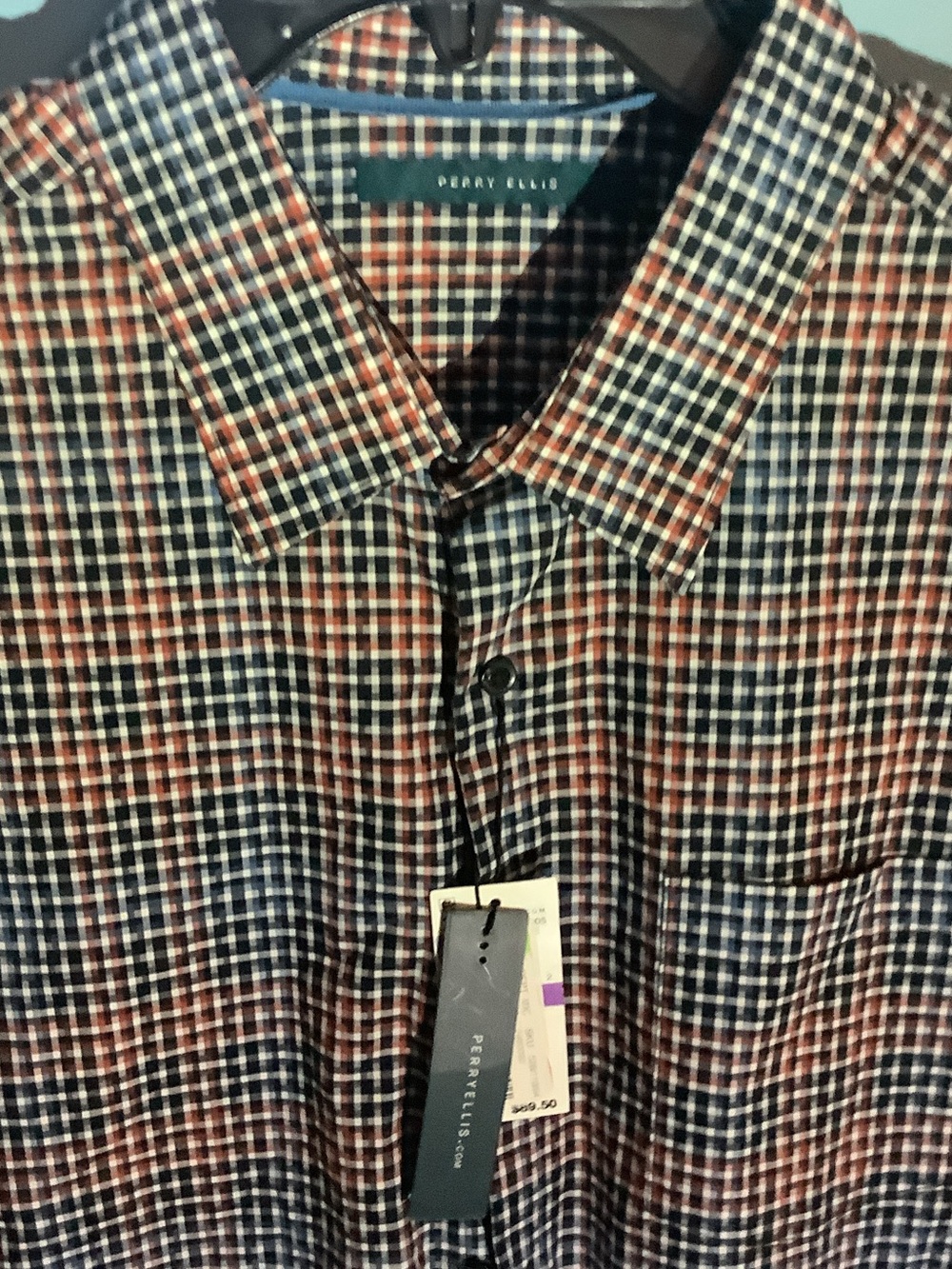 Perry Ellis Navy and Red Small-Check Button-Down Shirt